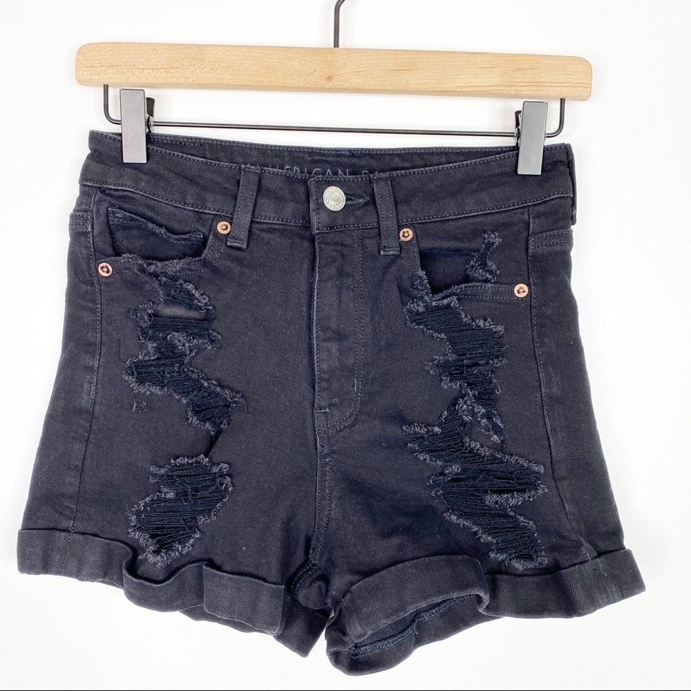 American Eagle Outfitters Black Ripped High Rise Cuffed Denim Mom Shorts